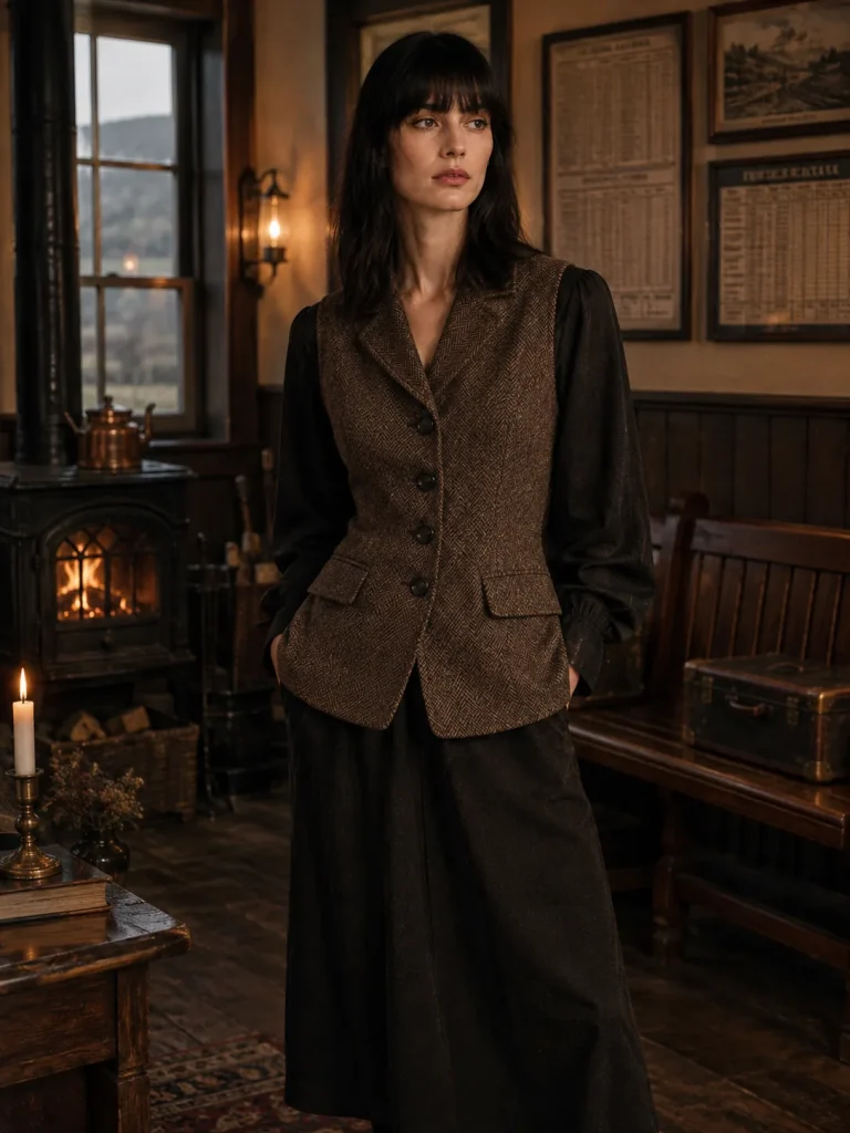 Almanac Herringbone Vest, worn