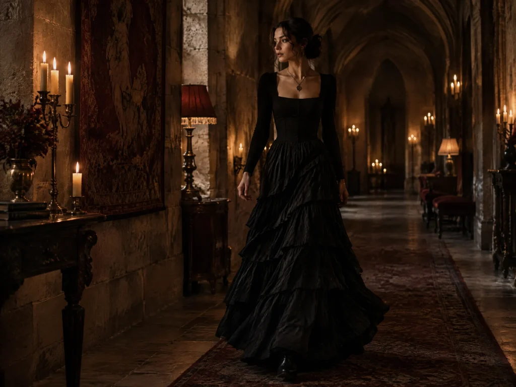 A woman walking along a candlelit stone corridor in a long black tiered skirt
