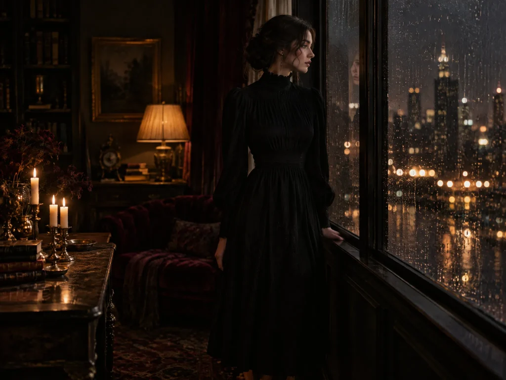 A woman in a long black high-neck dress by a rainy window at night