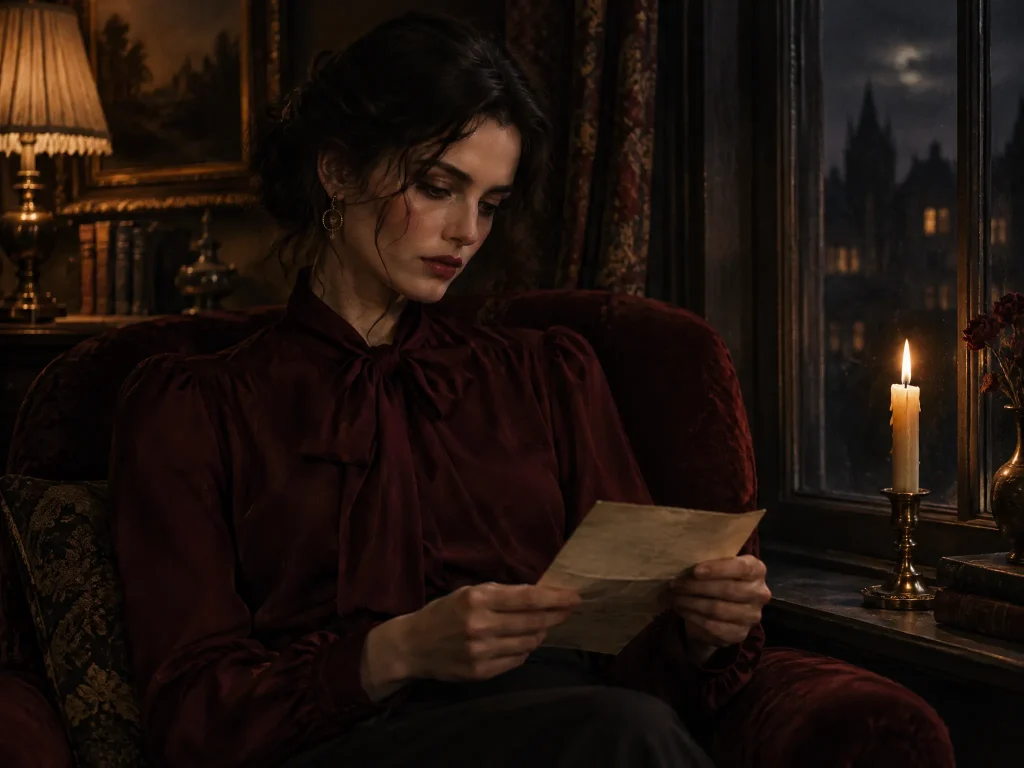 A woman in an oxblood bow blouse reading a letter by a window at night