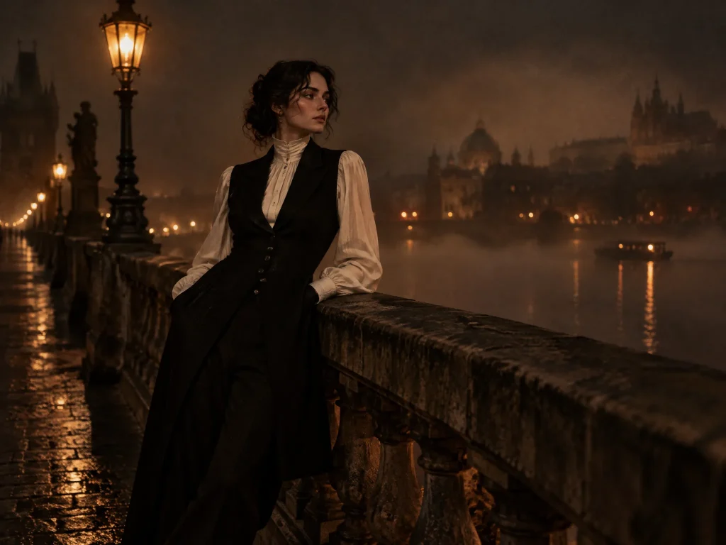 A woman in a black longline vest on an old bridge at night