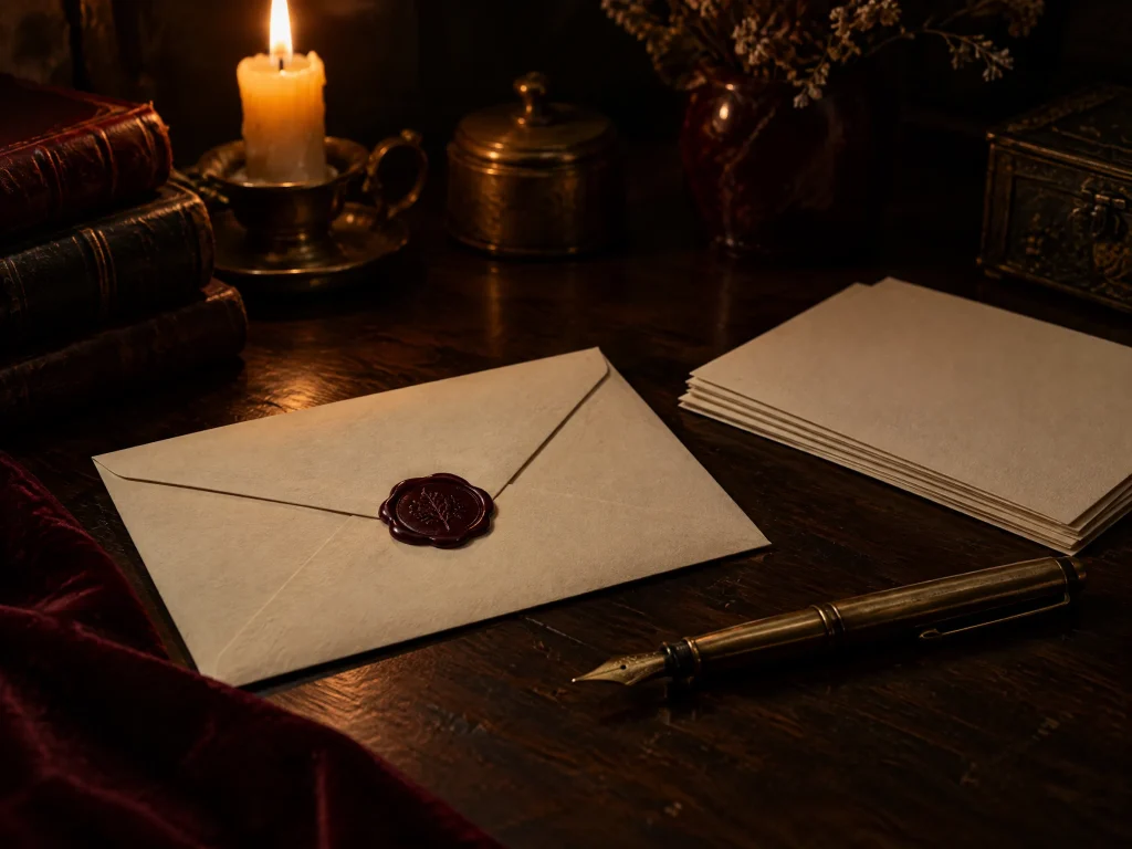 An envelope sealed with oxblood wax beside a fountain pen