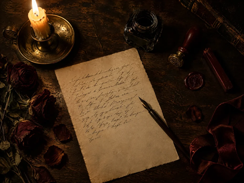 A writing desk at night with a letter, dip pen, inkwell and wax seal