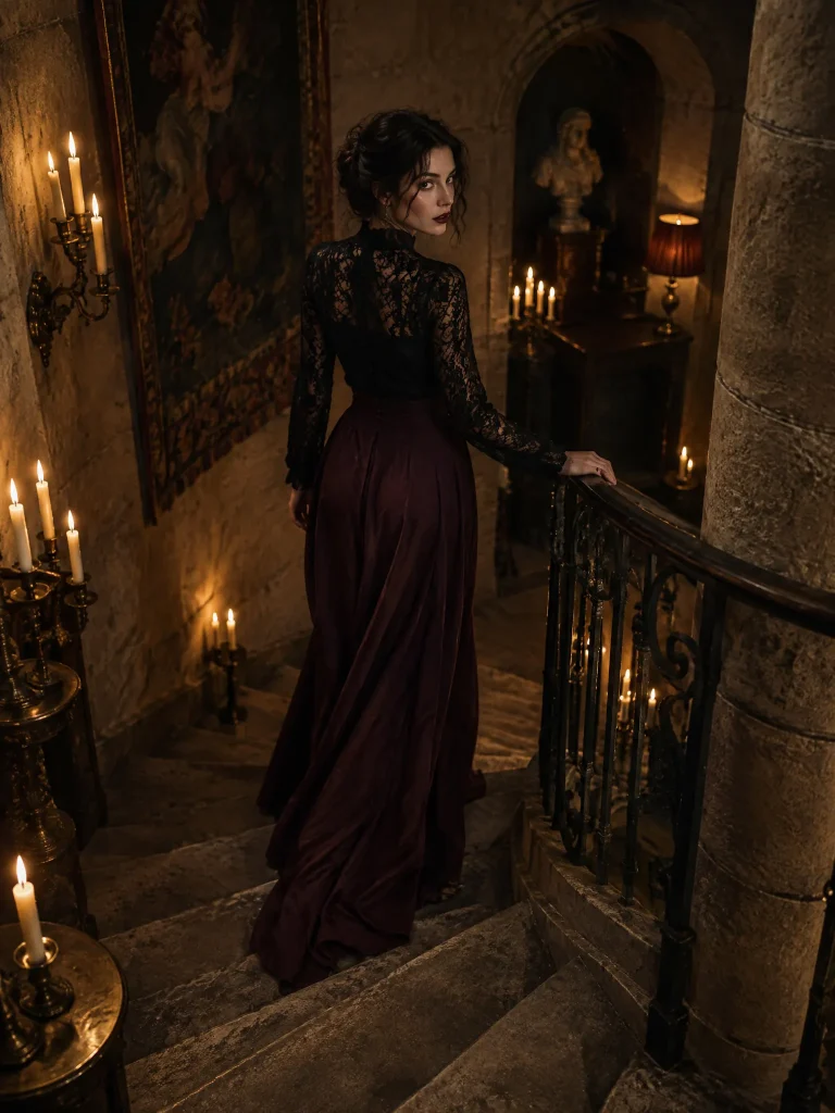A woman on a candlelit spiral staircase in a black lace-yoke top and long plum skirt
