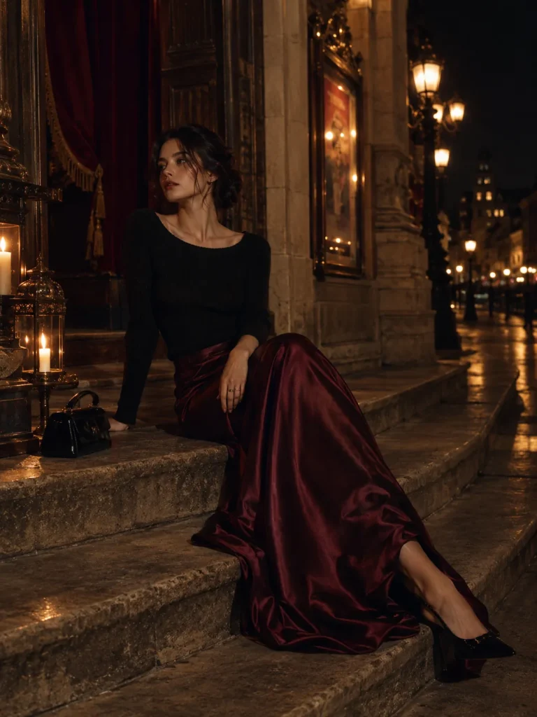 A woman in an oxblood satin skirt on theatre steps at night