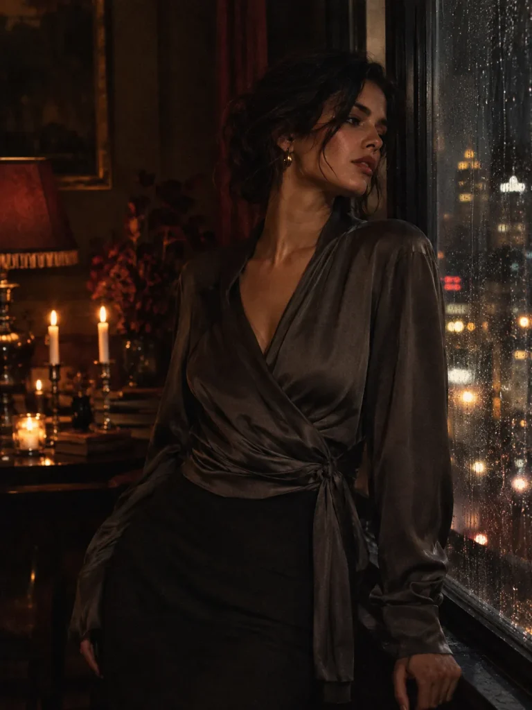A woman in a smoke grey wrap blouse by a rainy window