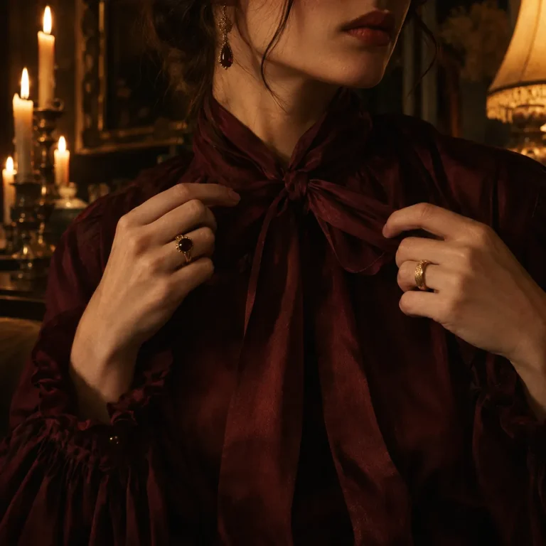 Hands tying the bow of an oxblood blouse