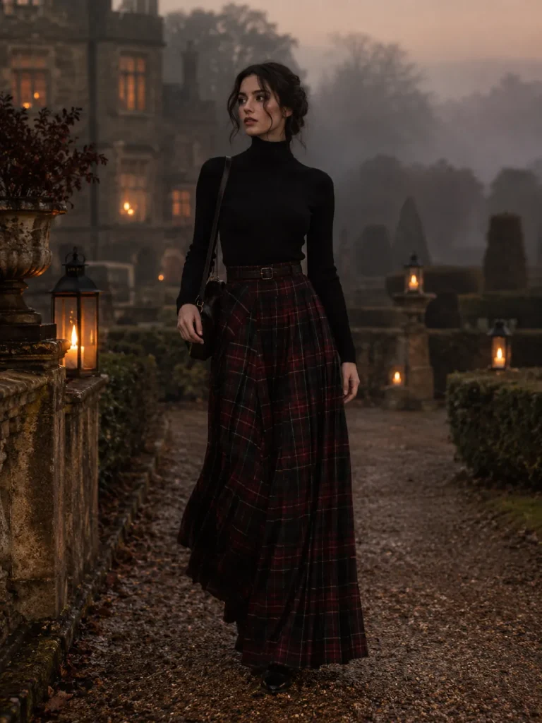 A woman in a dark tartan maxi skirt in a misty garden at dusk