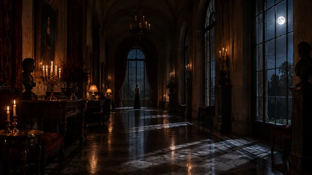 A woman in a long black column dress in a moonlit gallery