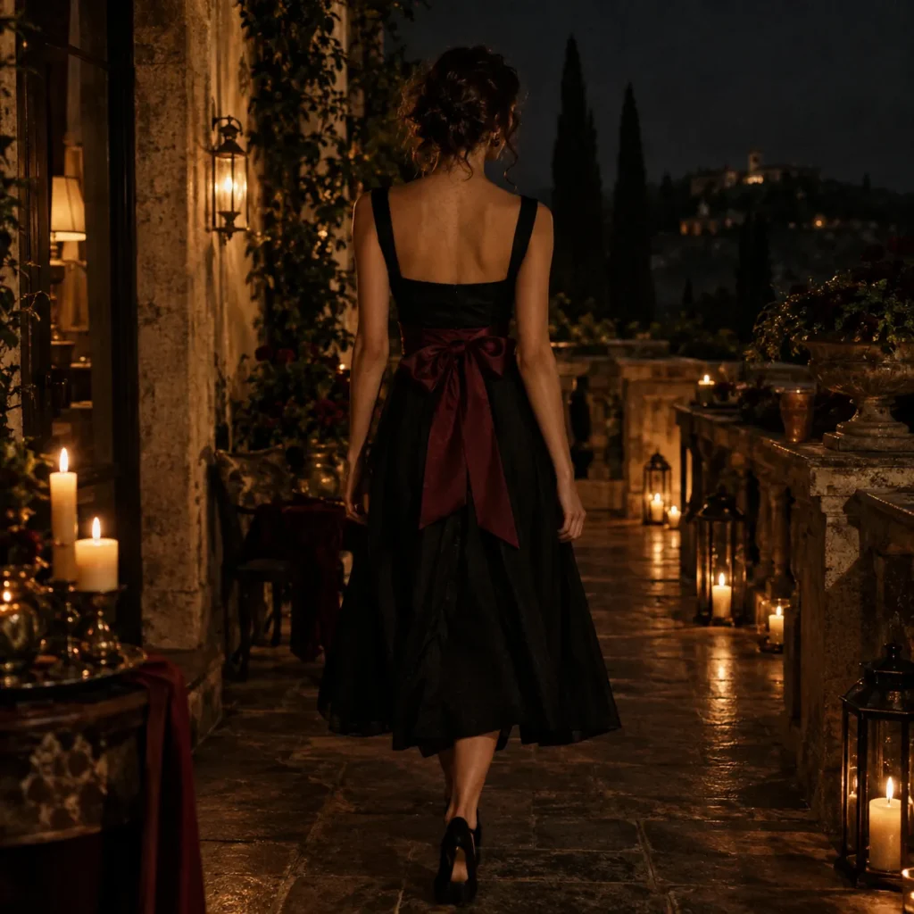 A woman in a black dress with an oxblood ribbon bow on a candlelit terrace