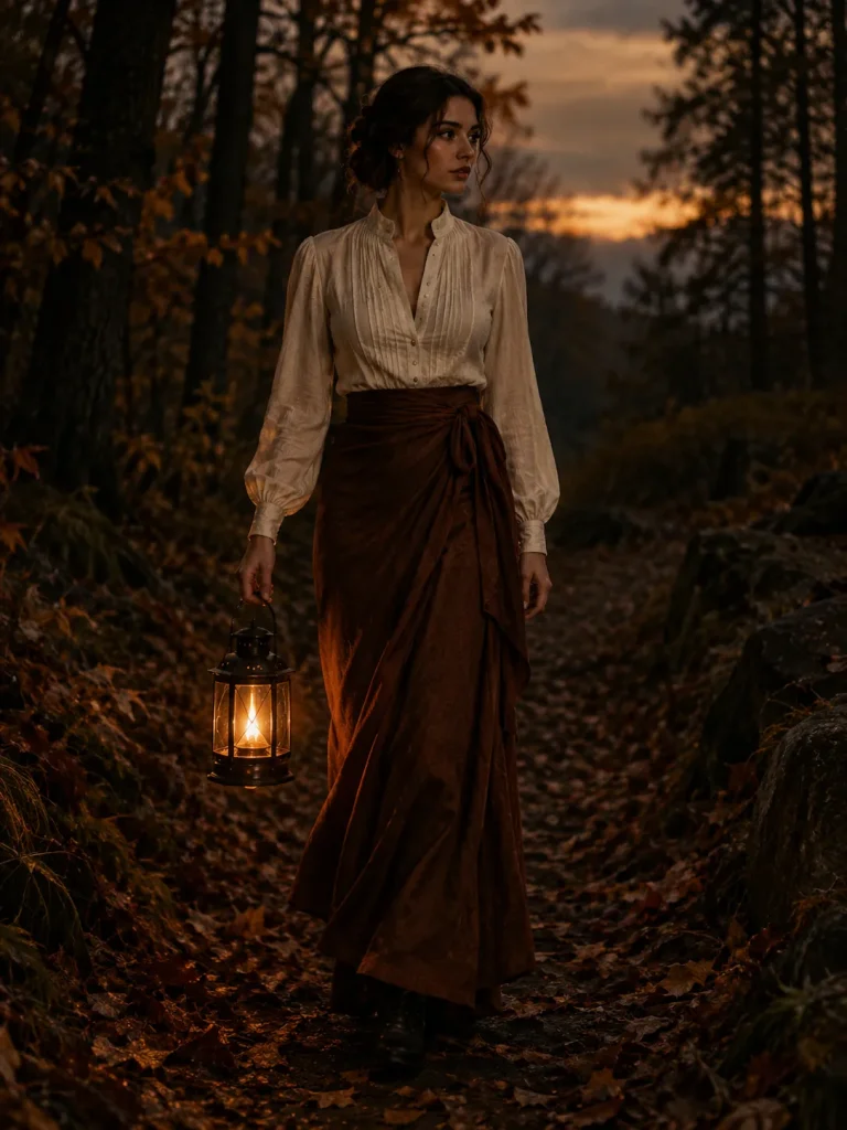 A woman in a tobacco wrap skirt carrying a lantern through a forest