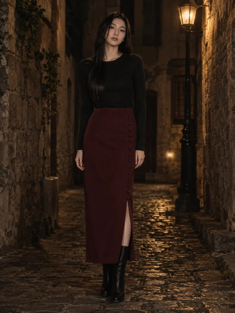 Sealing Wax Side Button Skirt, worn