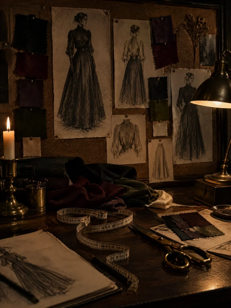 Sketches and dark fabric swatches on a studio table at night
