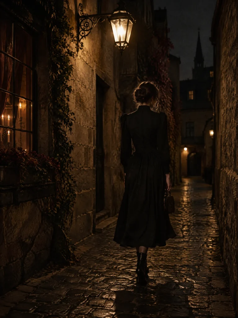 A woman in a black midi dress walking down a lamplit cobblestone alley