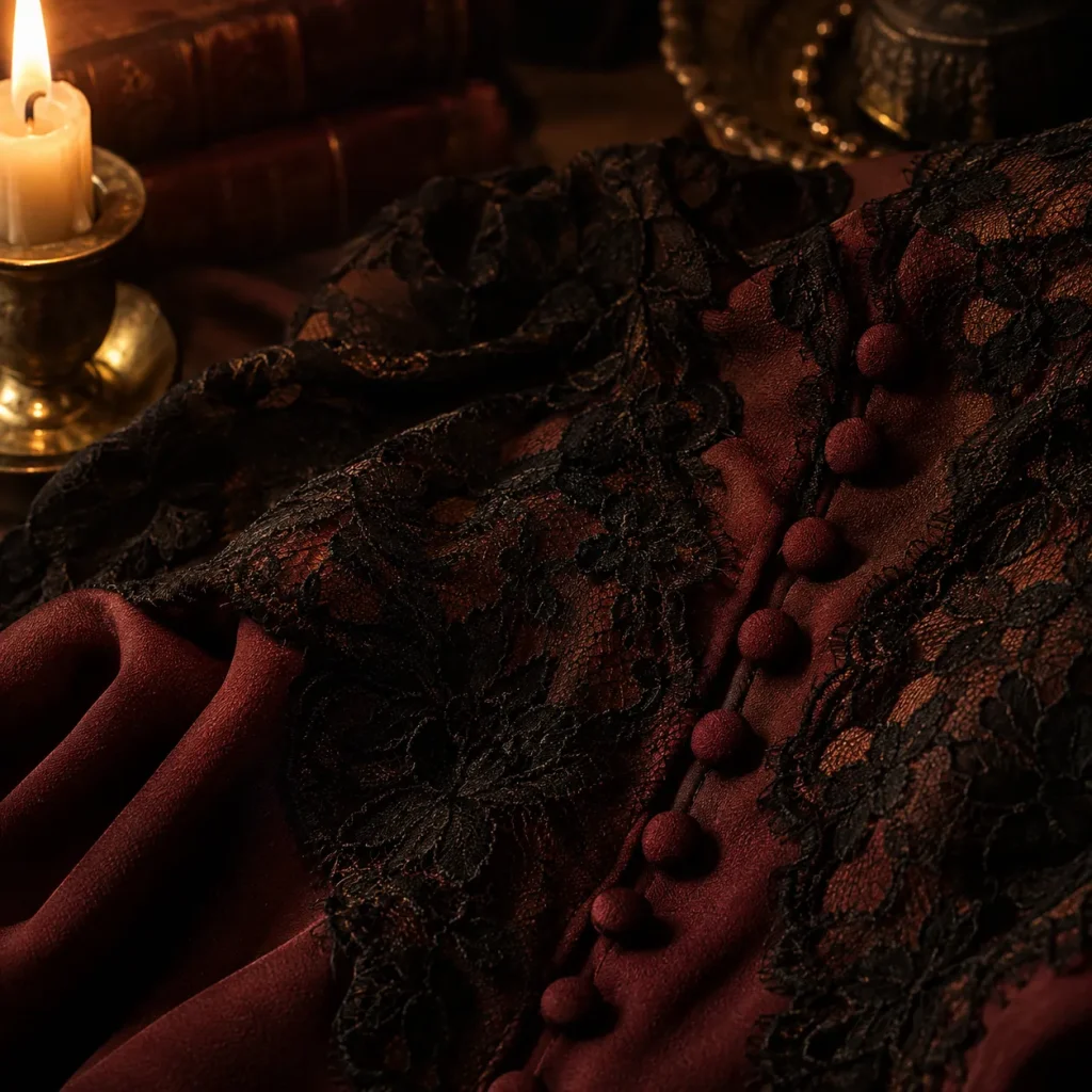 Black lace over oxblood crepe with small covered buttons